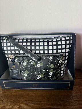 NWT Dabney Lee 2-Piece Saffiano Cosmetic Pouch Set w/ Wristlet Floral & Check